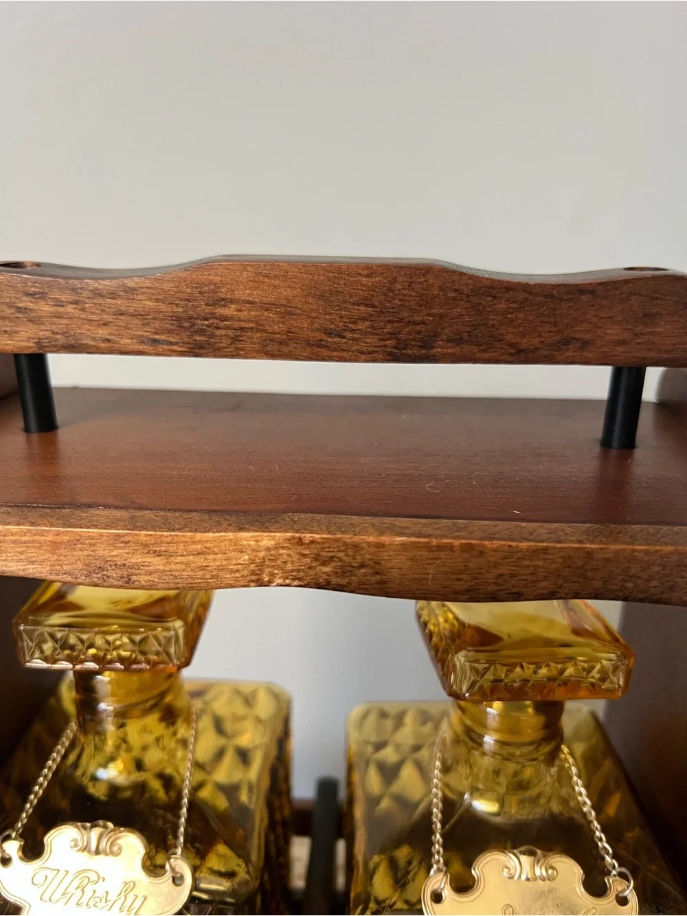 Vintage MCM  Locking Bar Caddy & Decanter Set Amber Diamond Point Glass Japan